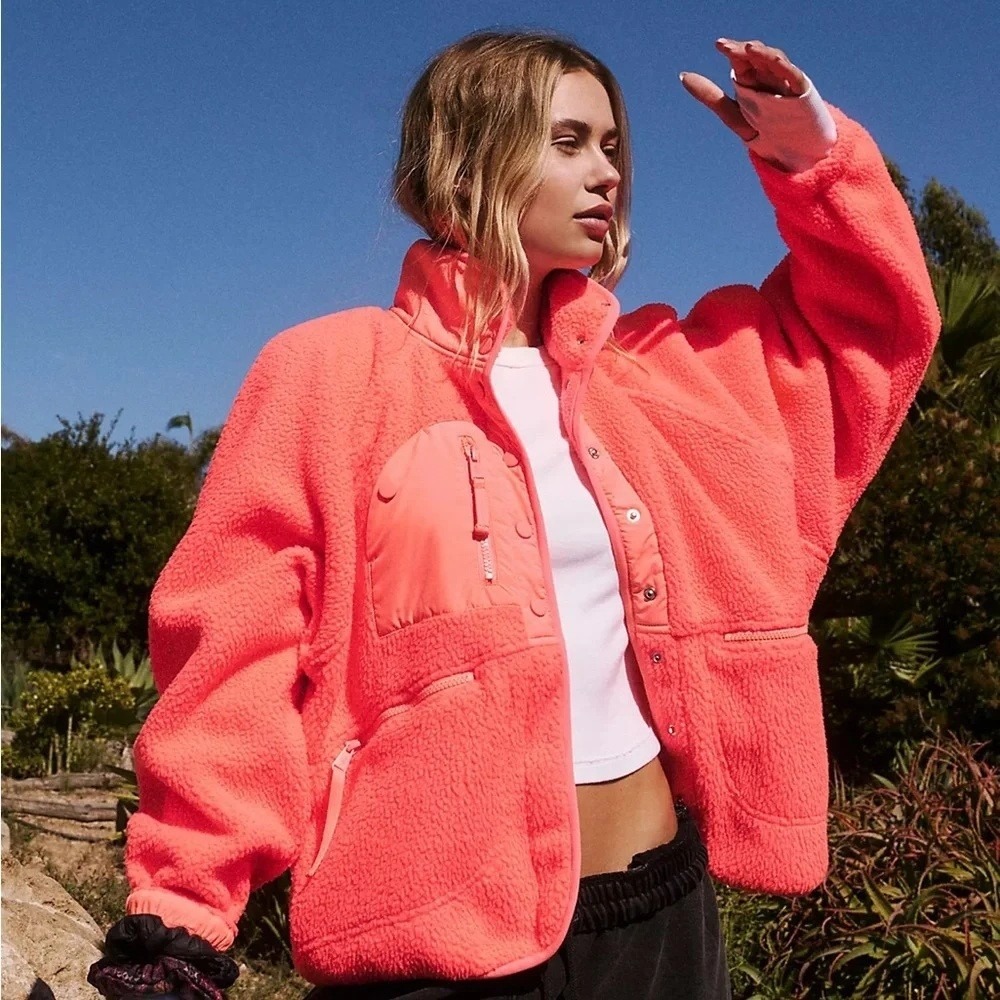 FP Movement Hit The Slopes Fleece Jacket Size M Neon Coral Snap Front Athleisure